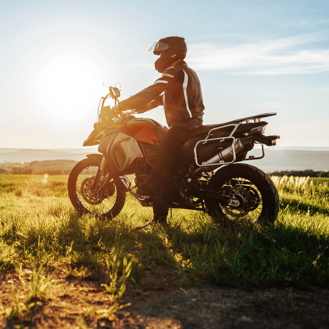 Adventure motorcycle in mountain terrain